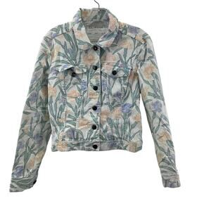 FC Jeans White/Green Biker Women's Floral Print Jacket Cotton Size 6 - Excellent